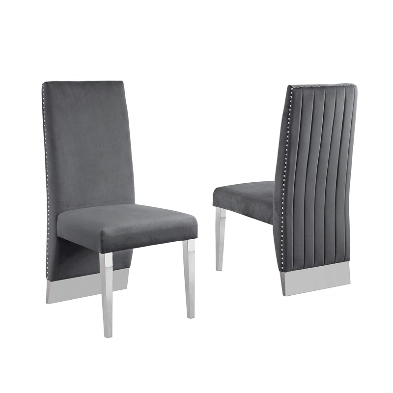 Silver Stainless Steel 9 Piece Dining Set with Marble Table and Gray Chairs