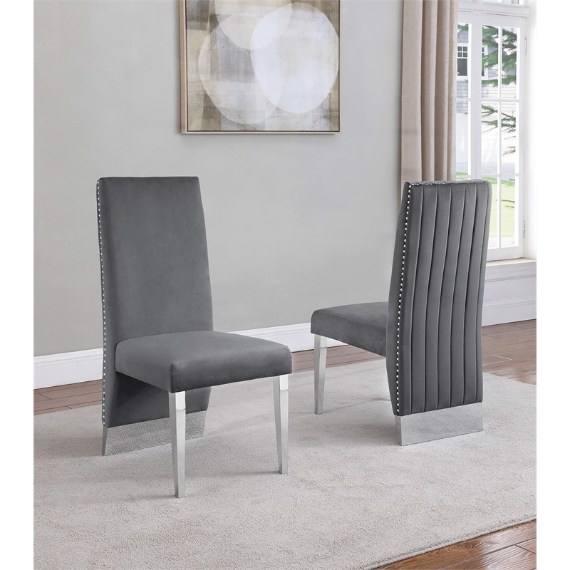 Silver Stainless Steel 9 Piece Dining Set with Marble Table and Gray Chairs