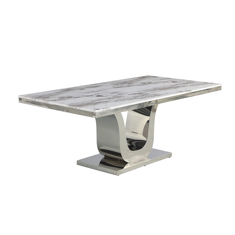 Silver Stainless Steel 9 Piece Dining Set with Marble Table and Gray Chairs