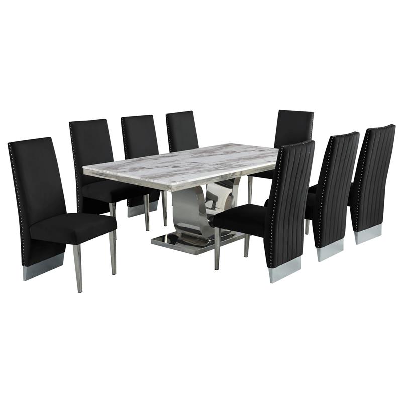 Silver Stainless Steel 9 Piece Dining Set with Marble Table and Black Chairs