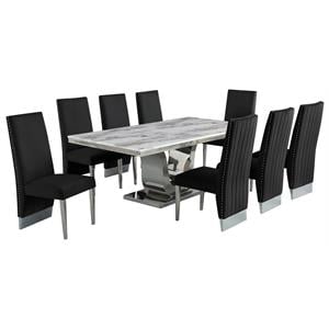 Silver Stainless Steel 9 Piece Dining Set with Marble Table and Black Chairs