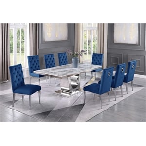 Silver Stainless Steel 9 Piece Dining Set with Marble Table and Navy Chairs