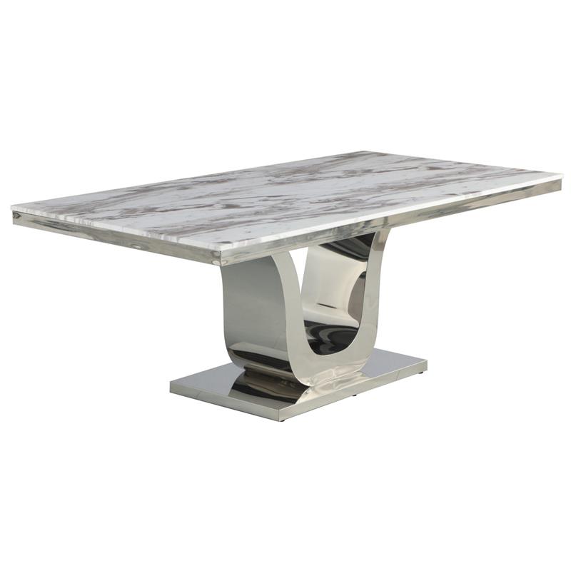 Silver Stainless Steel 9 Piece Dining Set with Marble Table and Gray Chairs