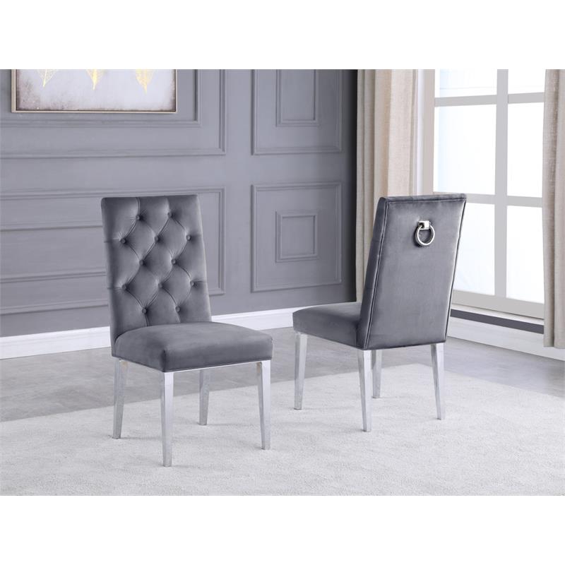 Silver Stainless Steel 9 Piece Dining Set with Marble Table and Gray Chairs