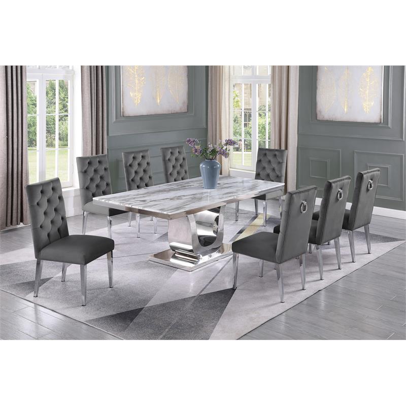 Silver Stainless Steel 9 Piece Dining Set with Marble Table and Gray Chairs
