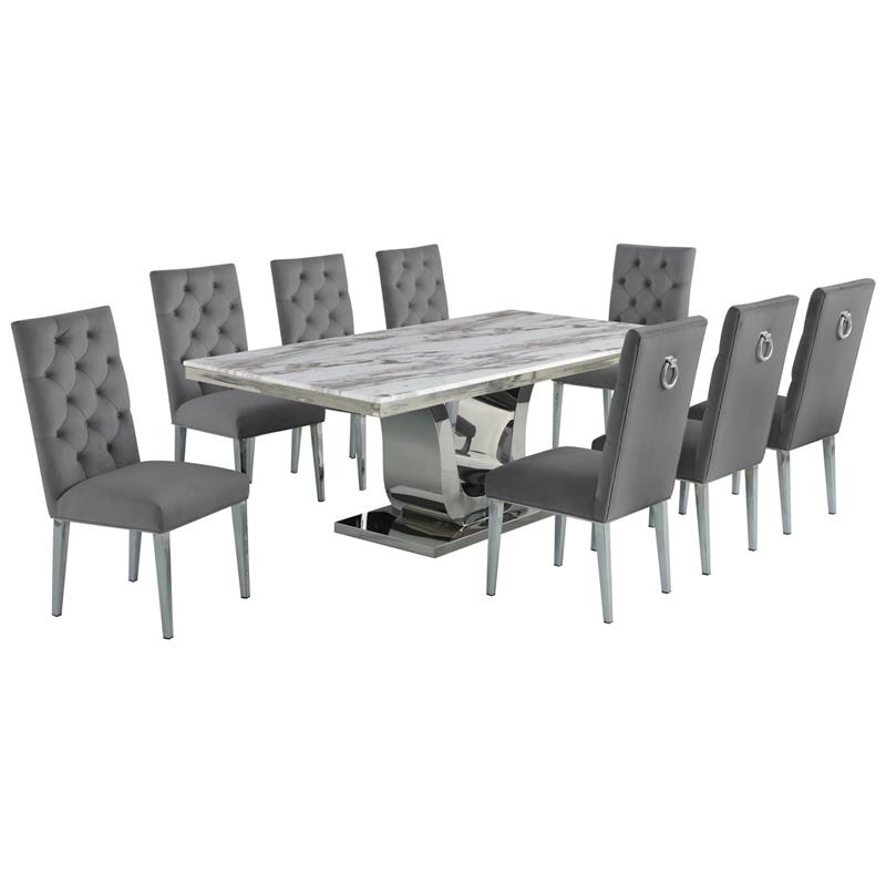 Silver Stainless Steel 9 Piece Dining Set with Marble Table and Gray Chairs