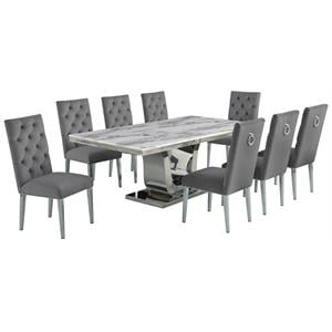 Silver Stainless Steel 9 Piece Dining Set with Marble Table and Gray Chairs