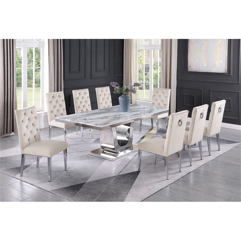 Silver Stainless Steel 9 Piece Dining Set w Marble Table and Cream Chairs