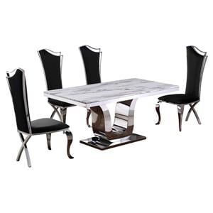 White Marble 5 piece Dining Set with Silver Stainless Steel Base