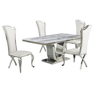 White Marble 5 piece Dining Set with Silver Stainless Steel Base