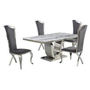 White Marble 5 piece Dining Set with Silver Stainless Steel Base