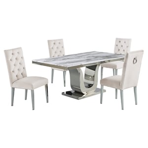 White Marble 5 piece Dining Set with Silver Stainless Steel Base
