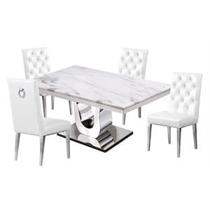 White Marble 5 piece Dining Set with Silver Stainless Steel Base
