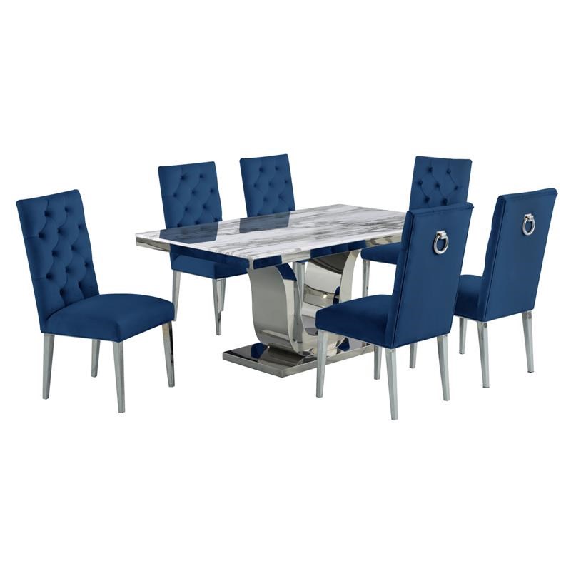 White Marble 7 piece Dining Set with Silver Stainless Steel Base