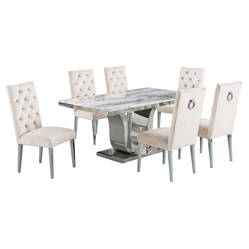 White Marble 7 piece Dining Set with Silver Stainless Steel Base