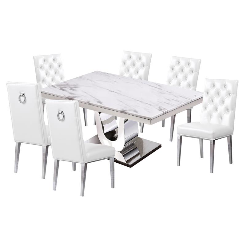 White Marble 7 piece Dining Set with Silver Stainless Steel Base