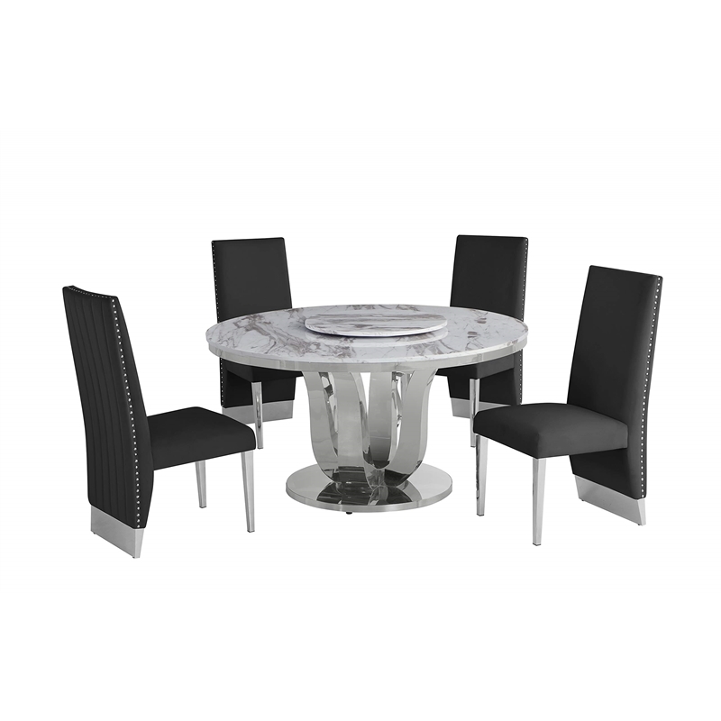 6pc. White Marble Dining Set with Lazy Susan and Silver Stainless Steel