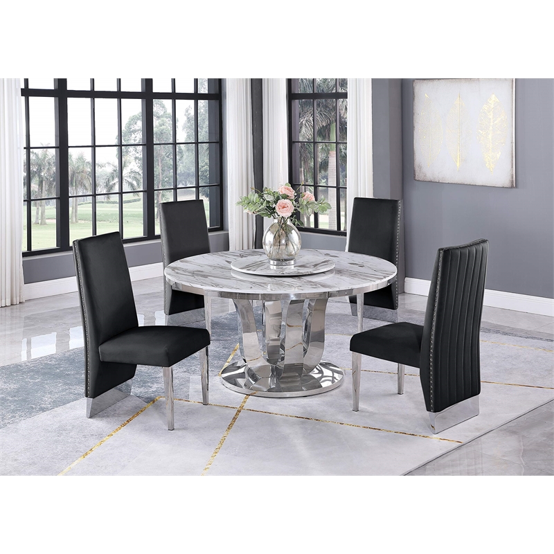 6pc. White Marble Dining Set with Lazy Susan and Silver Stainless Steel