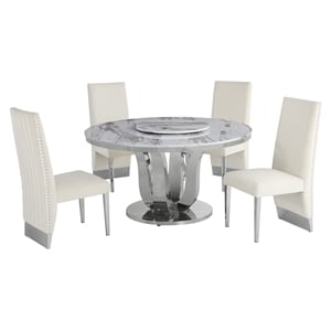 6pc. White Marble Dining Set with Lazy Susan and Silver Stainless Steel