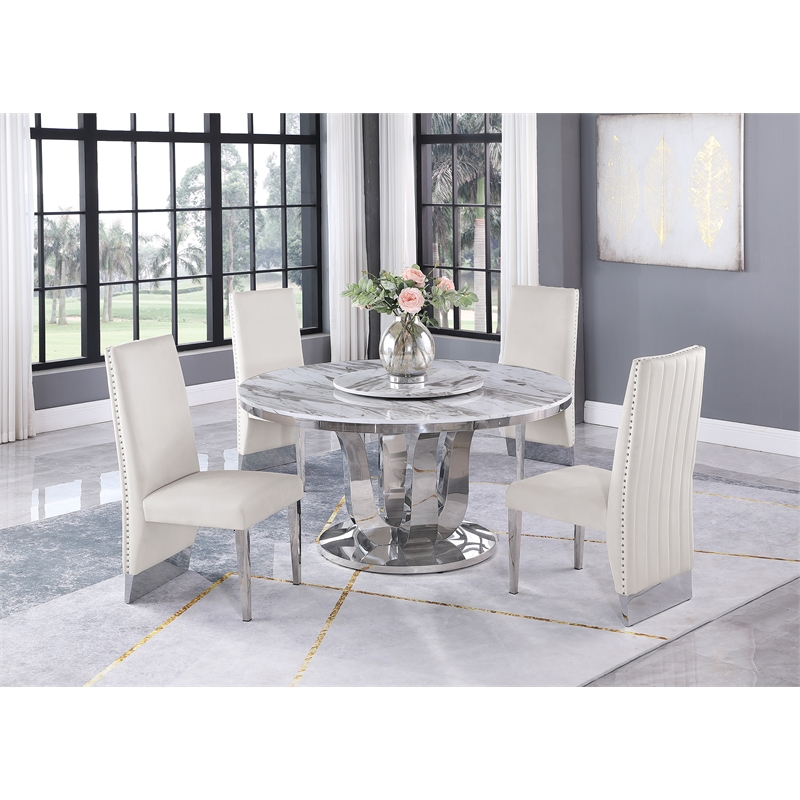 6pc. White Marble Dining Set with Lazy Susan and Silver Stainless Steel