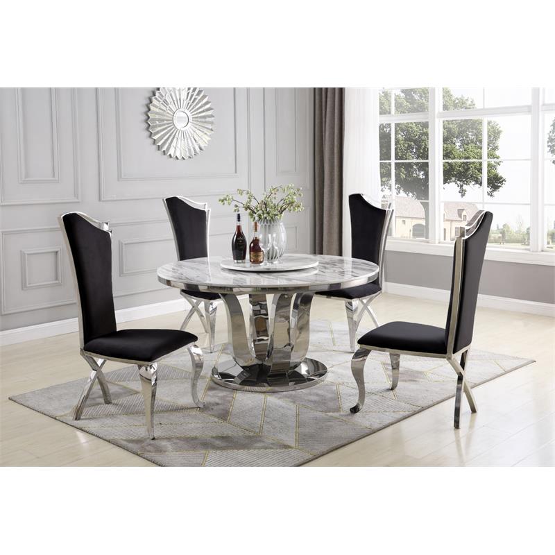 6pc. White Marble Dining Set with Lazy Susan and Silver Stainless Steel