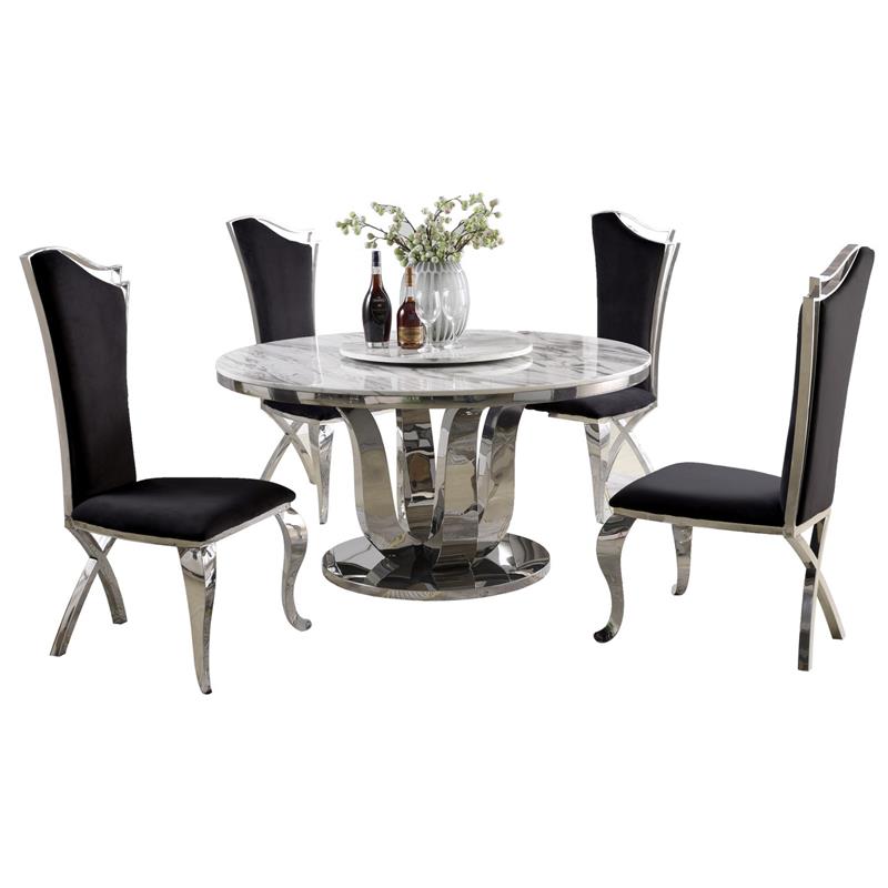 6pc. White Marble Dining Set with Lazy Susan and Silver Stainless Steel
