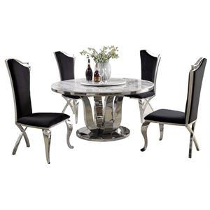 6pc. White Marble Dining Set with Lazy Susan and Silver Stainless Steel
