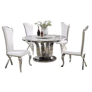 6pc. White Marble Dining Set with Lazy Susan and Silver Stainless Steel