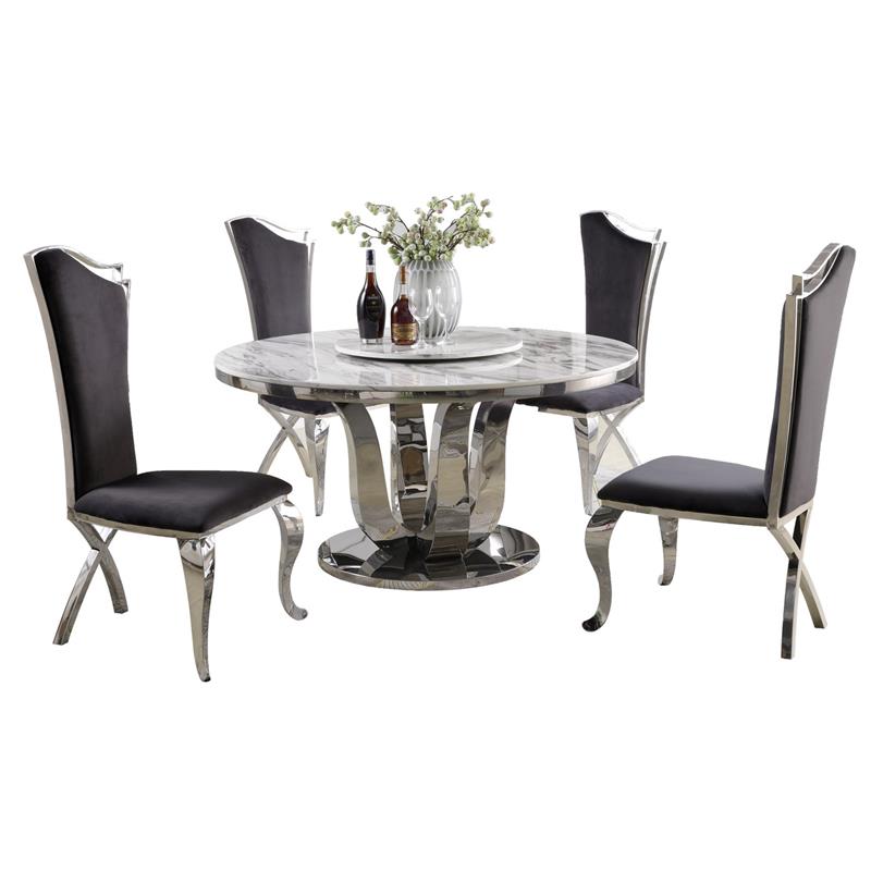 6pc. White Marble Dining Set with Lazy Susan and Silver Stainless Steel