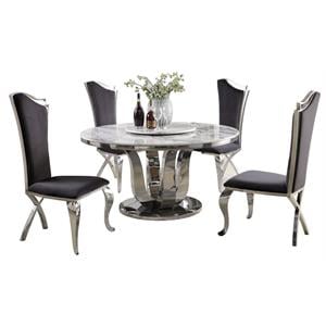 6pc. White Marble Dining Set with Lazy Susan and Silver Stainless Steel