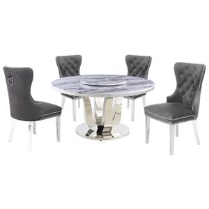 6pc. White Marble Dining Set with Lazy Susan and Silver Stainless Steel