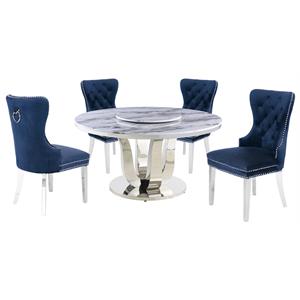 6pc. White Marble Dining Set with Lazy Susan and Silver Stainless Steel