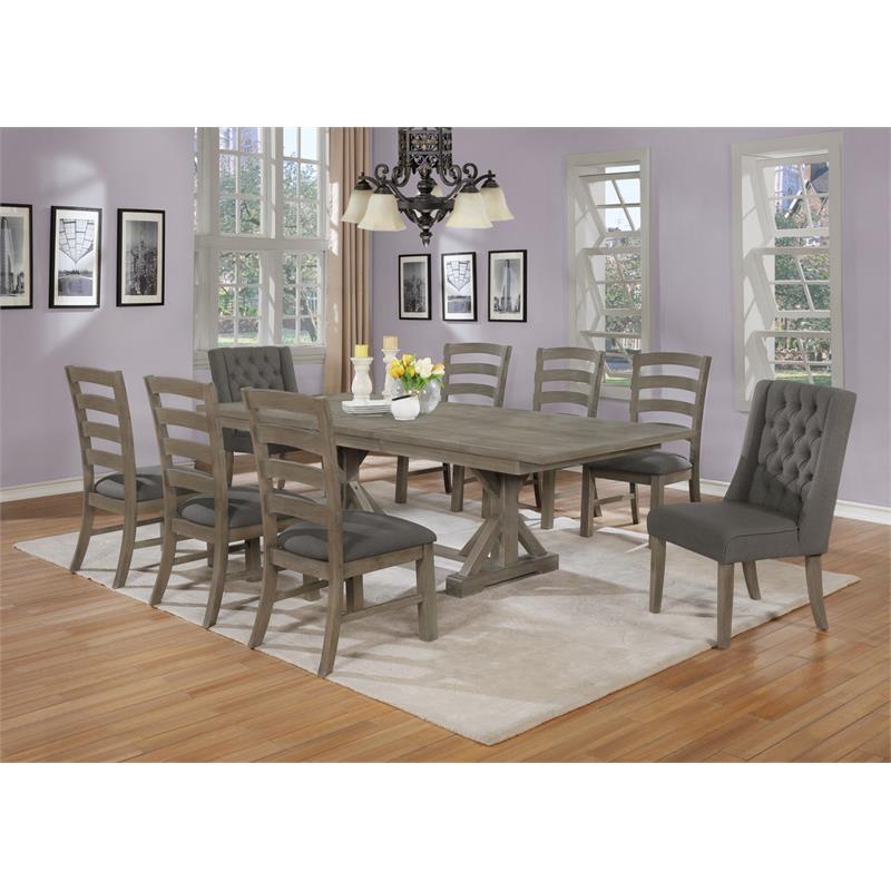 Rustic 9pc Dining Set with Gray Linen Chairs and Extendable Wood Dining Table