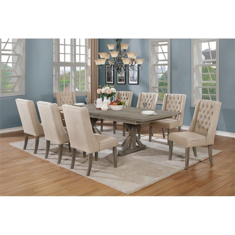 Rustic 9pc Dining Set with Beige Linen Chairs and Extendable Wood Dining Table