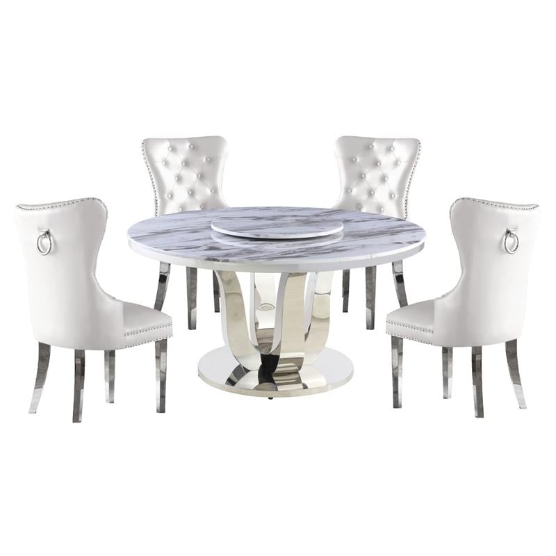 6pc. White Marble Dining Set with Lazy Susan and Silver Stainless Steel