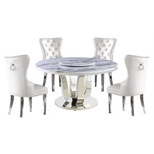 6pc. White Marble Dining Set with Lazy Susan and Silver Stainless Steel