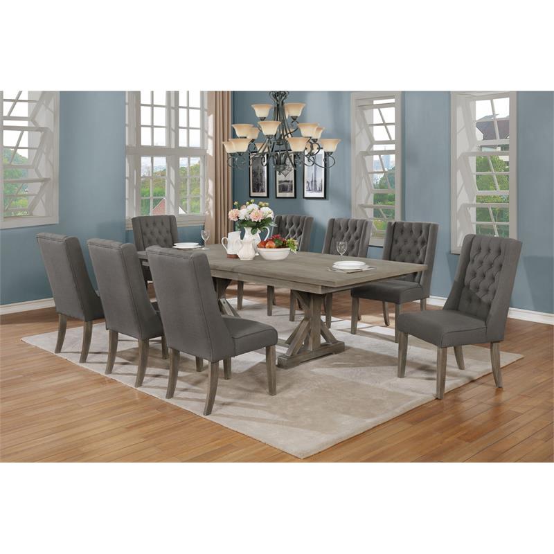 Rustic 9pc Dining Set with Gray Linen Chairs and Extendable Wood Dining Table
