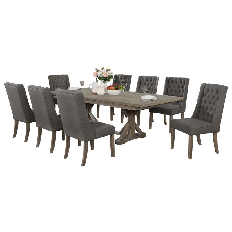 Rustic 9pc Dining Set with Gray Linen Chairs and Extendable Wood Dining Table