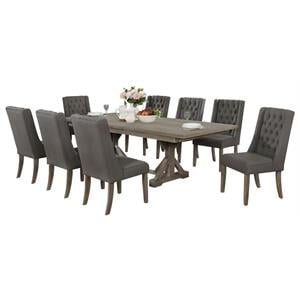 Rustic 9pc Dining Set with Gray Linen Chairs and Extendable Wood Dining Table