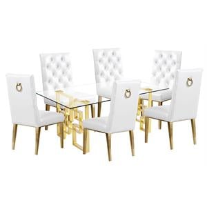 7 Piece Dining Set with Rectangular Clear Glass Top and Gold Stainless Steel