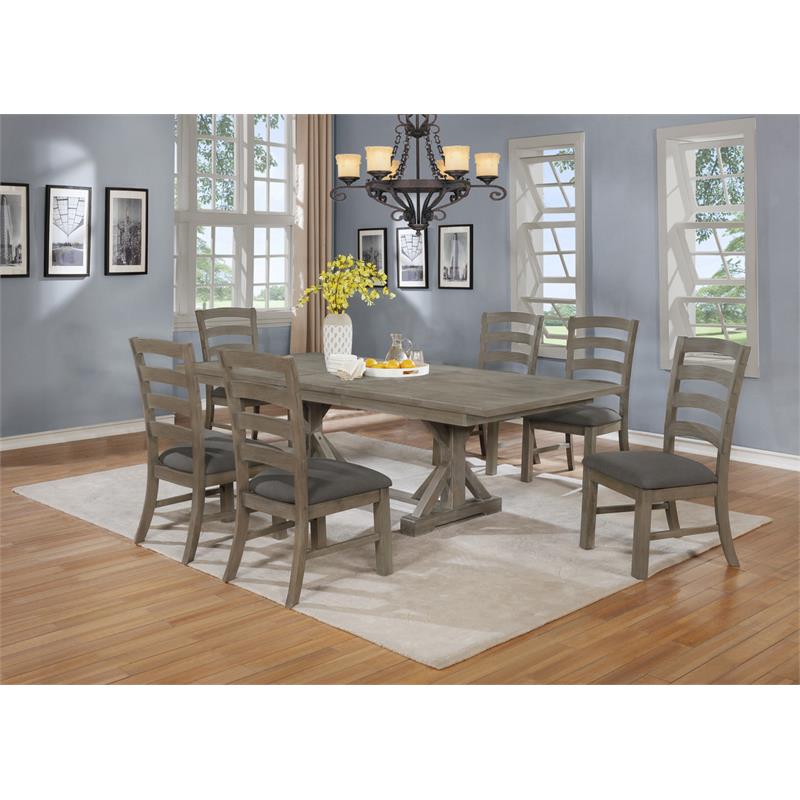 7pc Rustic Gray Brown Wood Dining Set with 6 Gray Linen Chairs