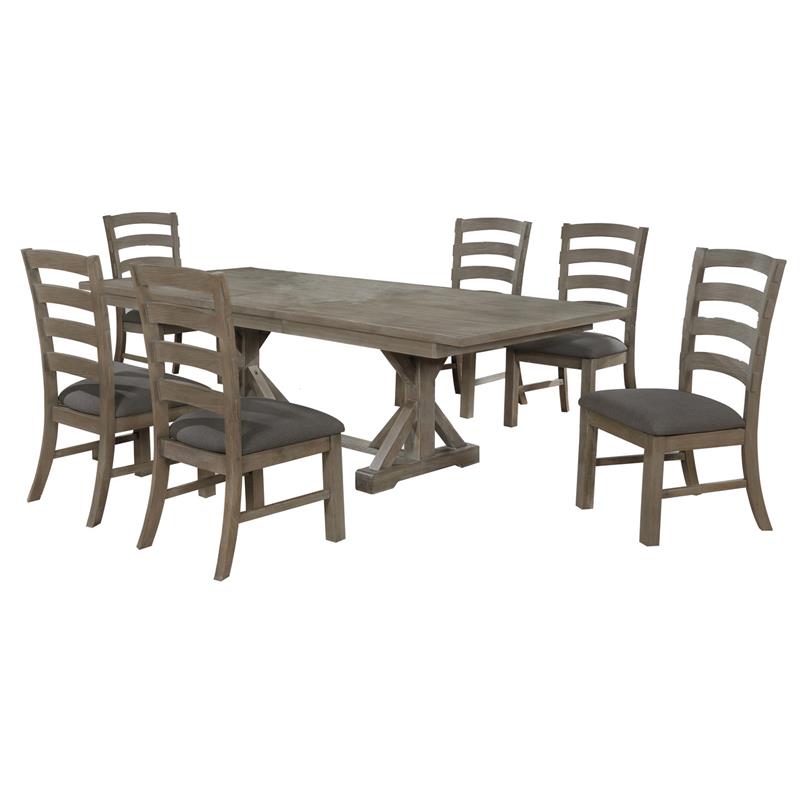 7pc Rustic Gray Brown Wood Dining Set with 6 Gray Linen Chairs