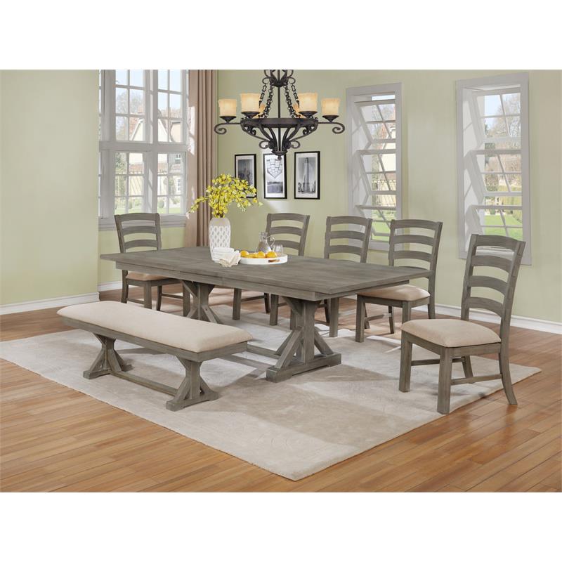 Beige Linen Dining Bench with Rustic Gray Brown Wood in Standard Height