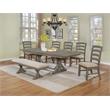 7pc Rustic Gray Brown Wood Dining Set with Beige Linen Bench and Chairs