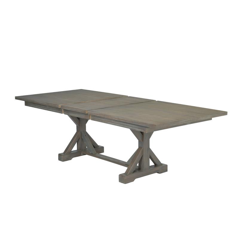 7pc Rustic Gray Brown Wood Dining Set with 6 Beige Linen Chairs