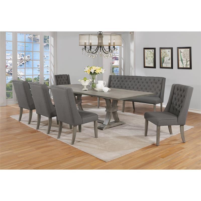 Rustic Gray Wood 7pc Dining Set with Table and Gray Linen Chairs and Bench