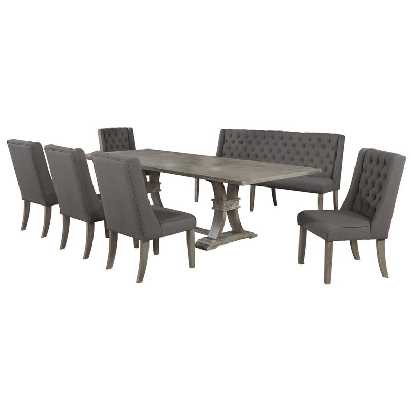 Rustic Gray Wood 7pc Dining Set with Table and Gray Linen Chairs and Bench