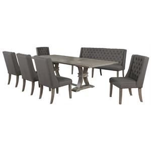 Rustic Gray Wood 7pc Dining Set with Table and Gray Linen Chairs and Bench
