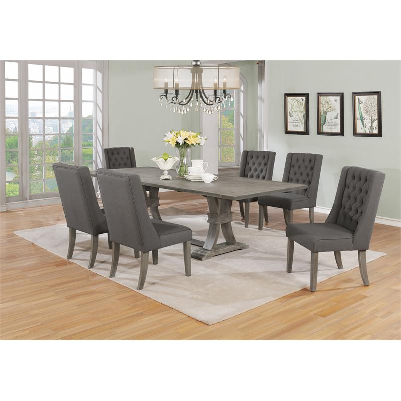 Rustic Gray Wood 7pc Dining Set with Table and Gray Linen Chairs