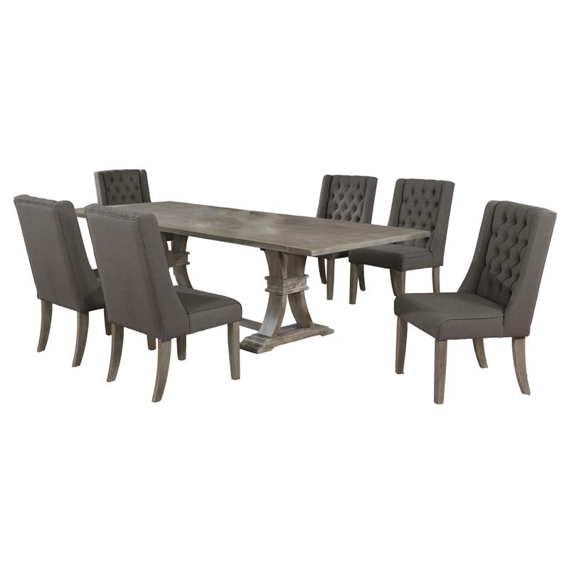 Rustic Gray Wood 7pc Dining Set with Table and Gray Linen Chairs